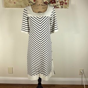 Tory Burch Anya Dress Ivory White Navy Blue Stripe Button Side Midi